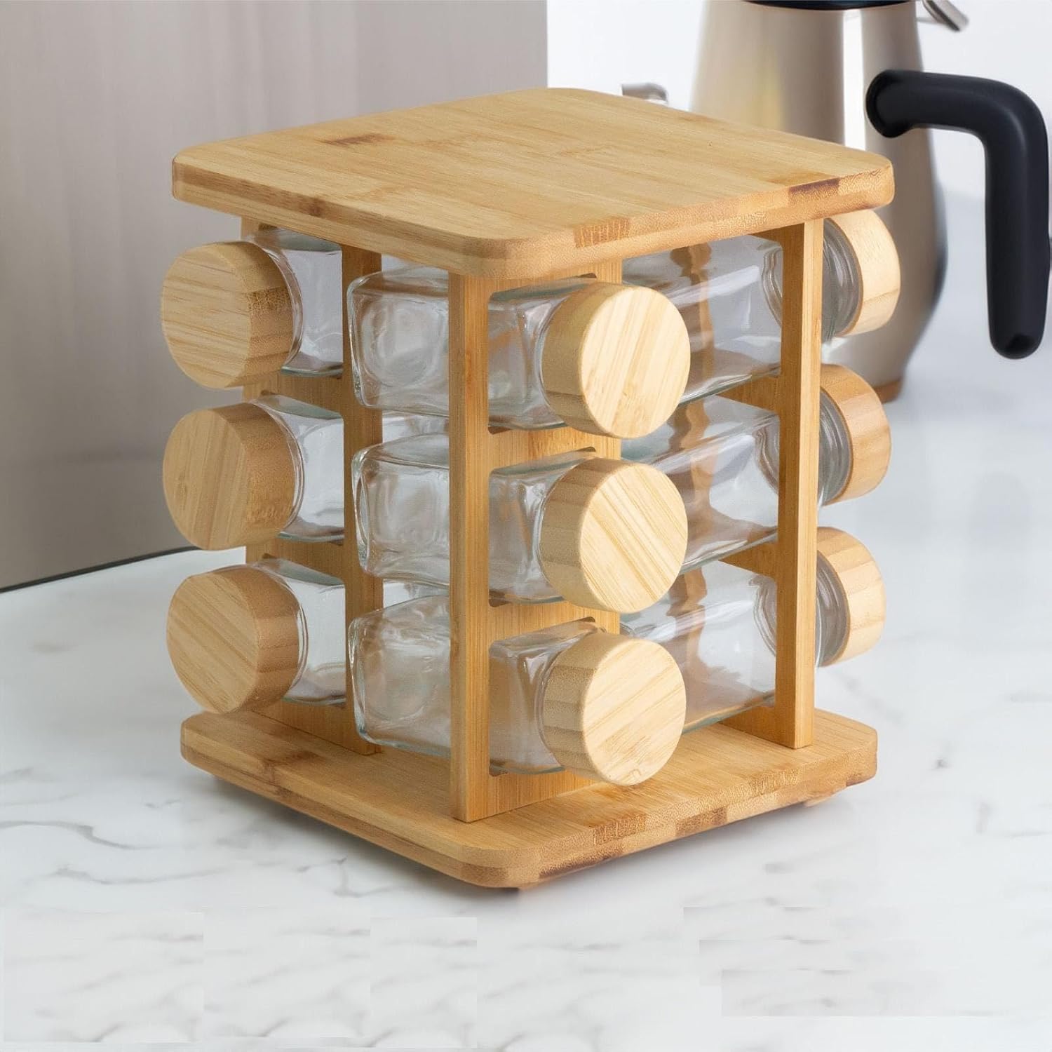Deconox Bambu Döner Standlı Baharat Seti 13 Parça, Mutfak Tezğahına Uygun Bambu Yer Kaplamayan Cam Şişe Dönerli Bambu Baharatlık (Kare)