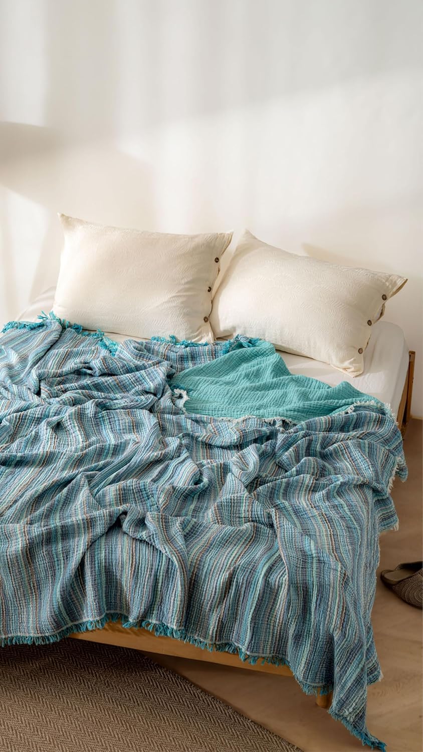RAYME TEKSTIL Boho Çizgili Yatak Örtüsü 4 Katlı Müslin%100 Pamuk Yumuşak Lüks Yazlık Pike Çift Kişilik Battal Boy 240x260 cm (Mavi)