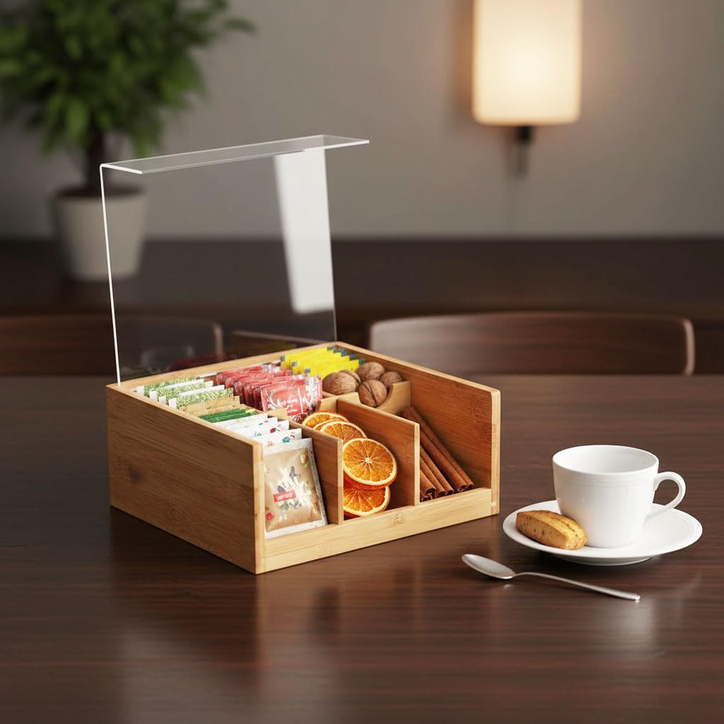 Deconox Akrilik Şeffaf Kapaklı Bambu 6 Bölmeli Çay Kutusu -%100 Orjinal Bambu Şeffaf Kapak (22cm*22cm*10cm)