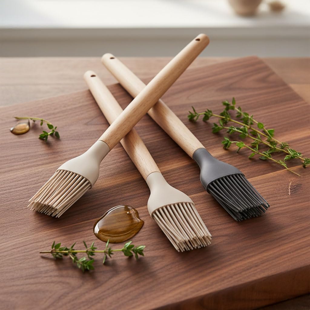 Deconox Bambu Saplı Silikon Fırça, Bambu Uzun Silikon Yağ ve Yumurta Fırçası 27cm 3 Renk Seçenekli (TABA)