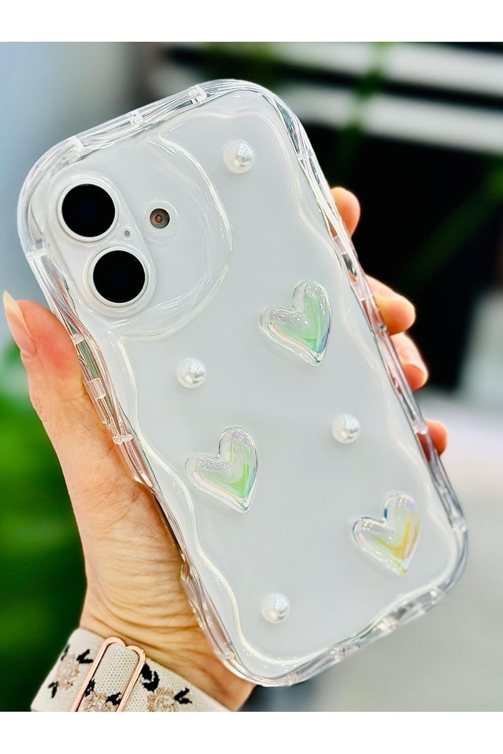 Go Aksesuar Iphone 16 ile Uyumlu 3D İncili Şeffaf Kalp Tasarımlı Oyuncaklı Silikon Kılıf