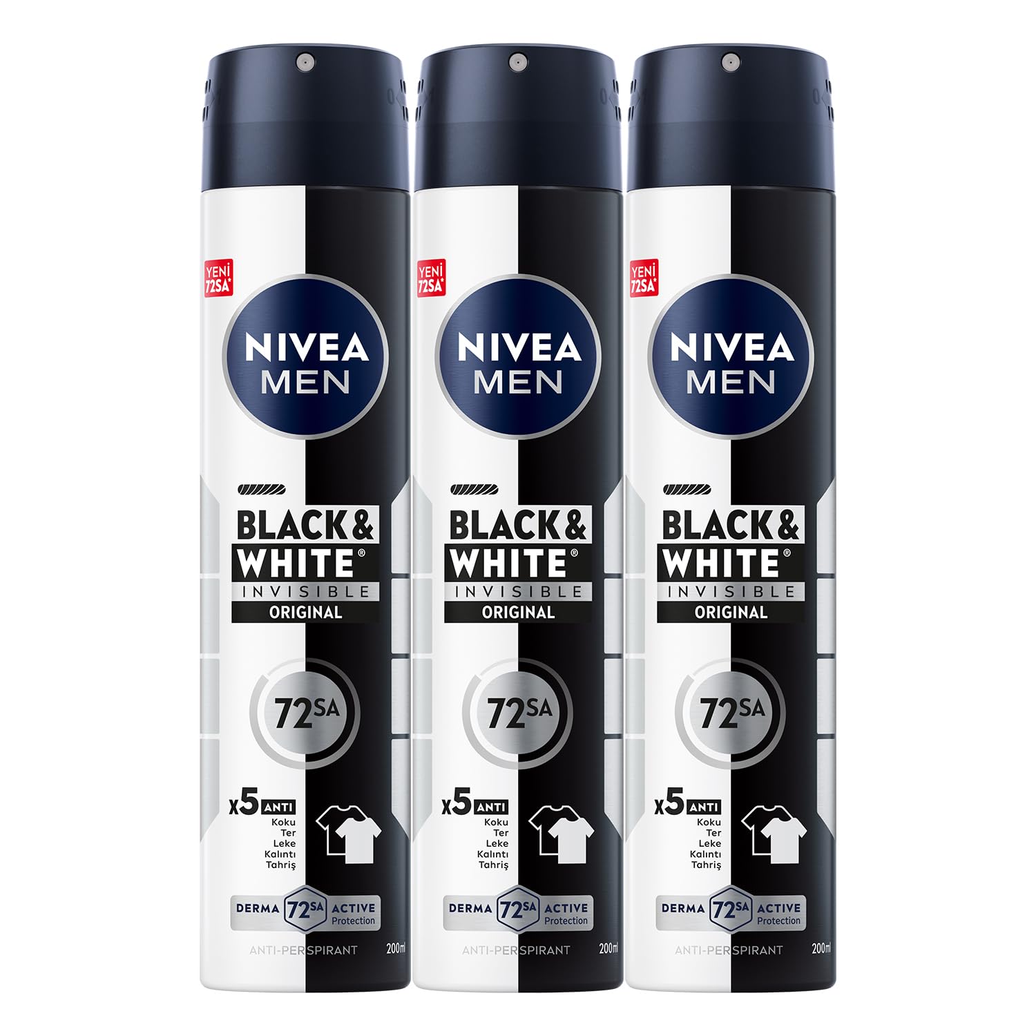NIVEA MEN Erkek Sprey Deodorant Black&White Invisible Original 200ml, 72 Saat Anti-perspirant, X3 Adet, Avantajlı set