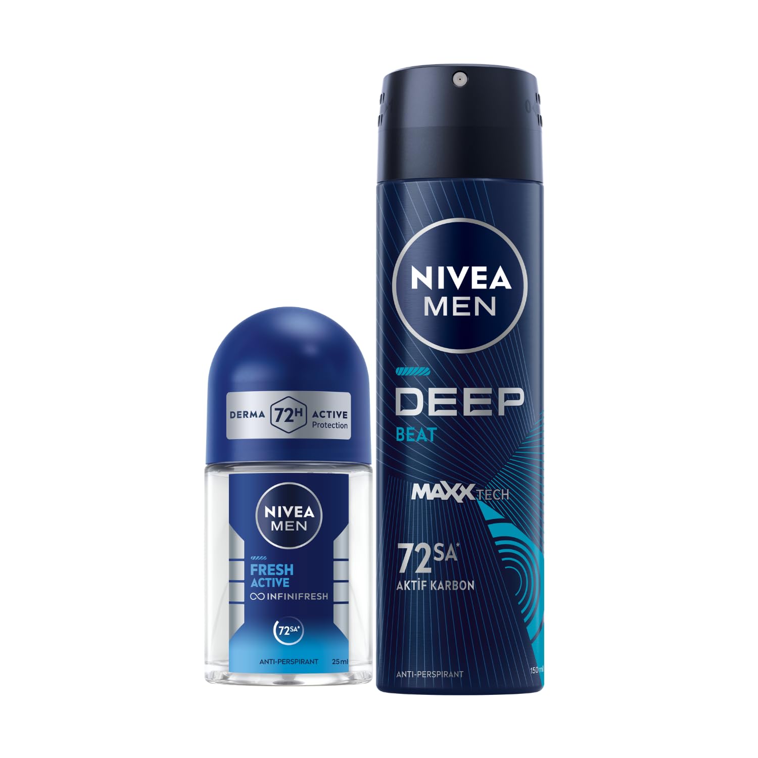 Nivea MEN Erkek Sprey Deodorant Deep Beat 150ml ve Mini Roll-on Fresh Active 25ml Set, Ter Karşıtı Koruma