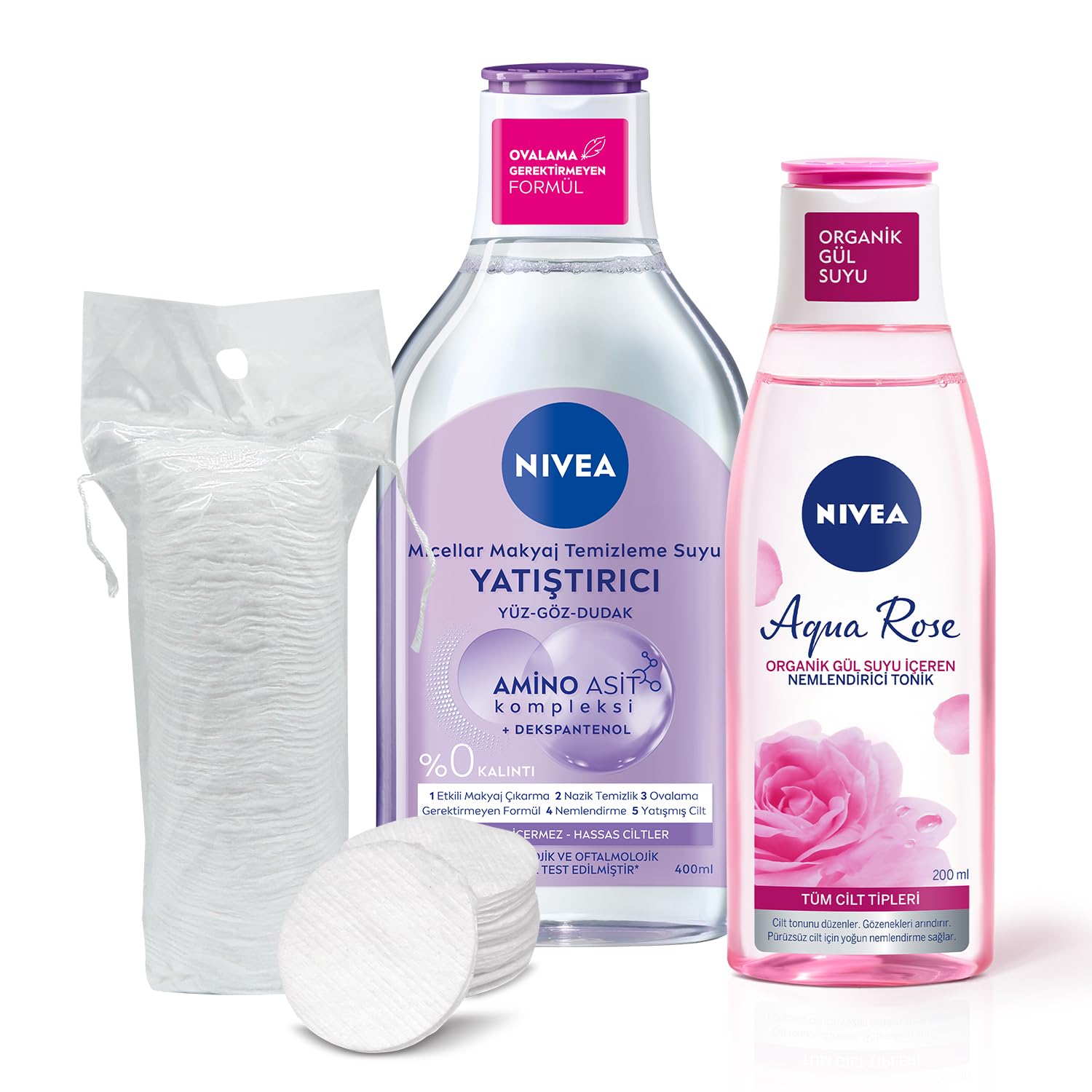 Nivea Yatıştırıcı Micellar Makyaj Temizleme Suyu 400ml ve Aqua Rose Nemlendirici Tonik 200ml, Pamuk Hediye