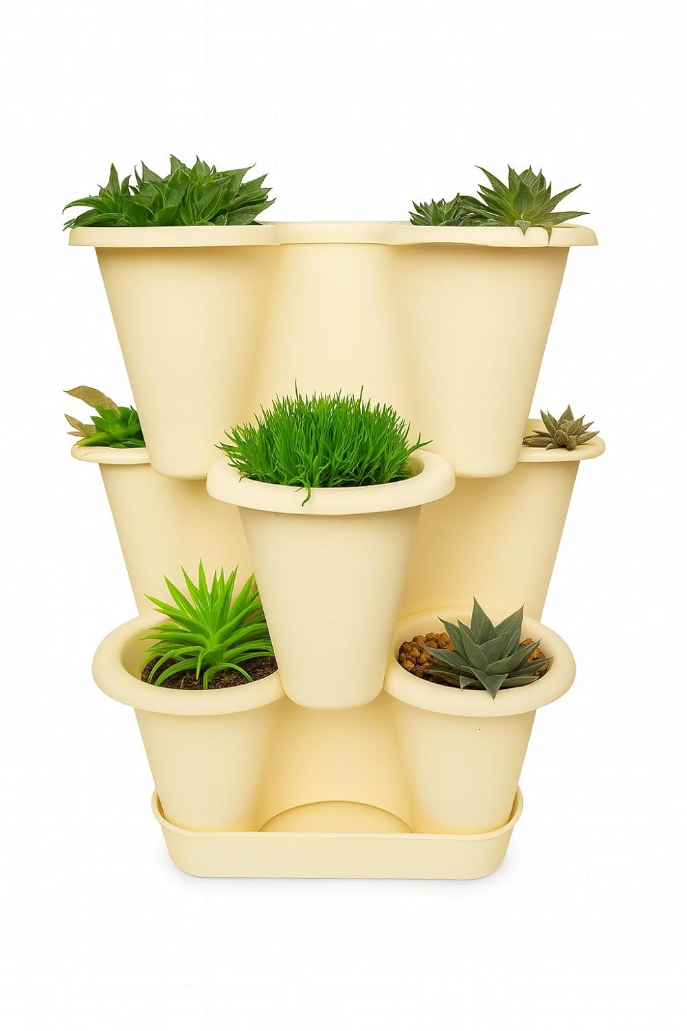 3 Katlı Şanslı Yonca Tasarımlı Dekoratif Saksı Seti, 26.5 x 26.5 cm, Çiçek ve Bitki Sebze Yetiştirme, Bahçe Salon Mutfak Saksı Seti (Krem)