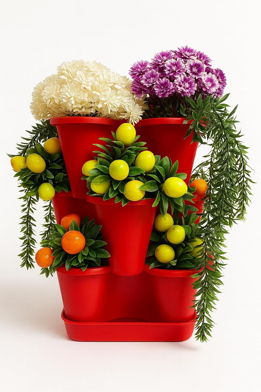 3 Katlı Şanslı Yonca Tasarımlı Dekoratif Saksı Seti, 26.5 x 26.5 cm, Çiçek ve Bitki Sebze Yetiştirme, Bahçe Salon Mutfak Saksı Seti (Kırmızı)