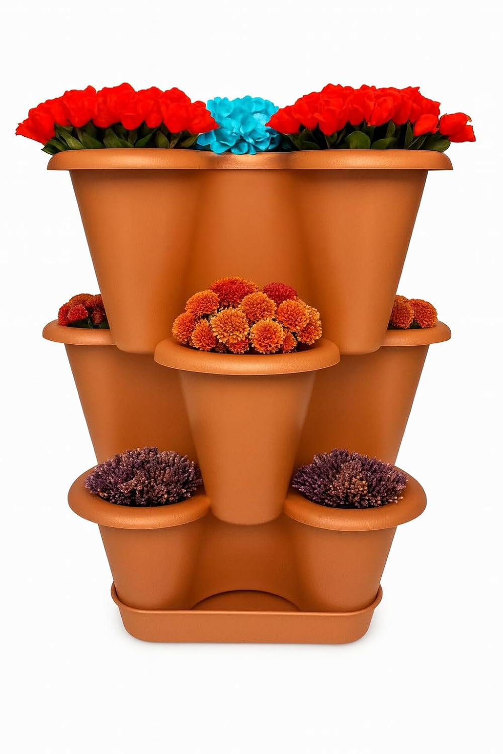 3 Katlı Şanslı Yonca Tasarımlı Dekoratif Saksı Seti, 26.5 x 26.5 cm, Çiçek ve Bitki Sebze Yetiştirme, Bahçe Salon Mutfak Saksı Seti (Koyu Kahverengi)