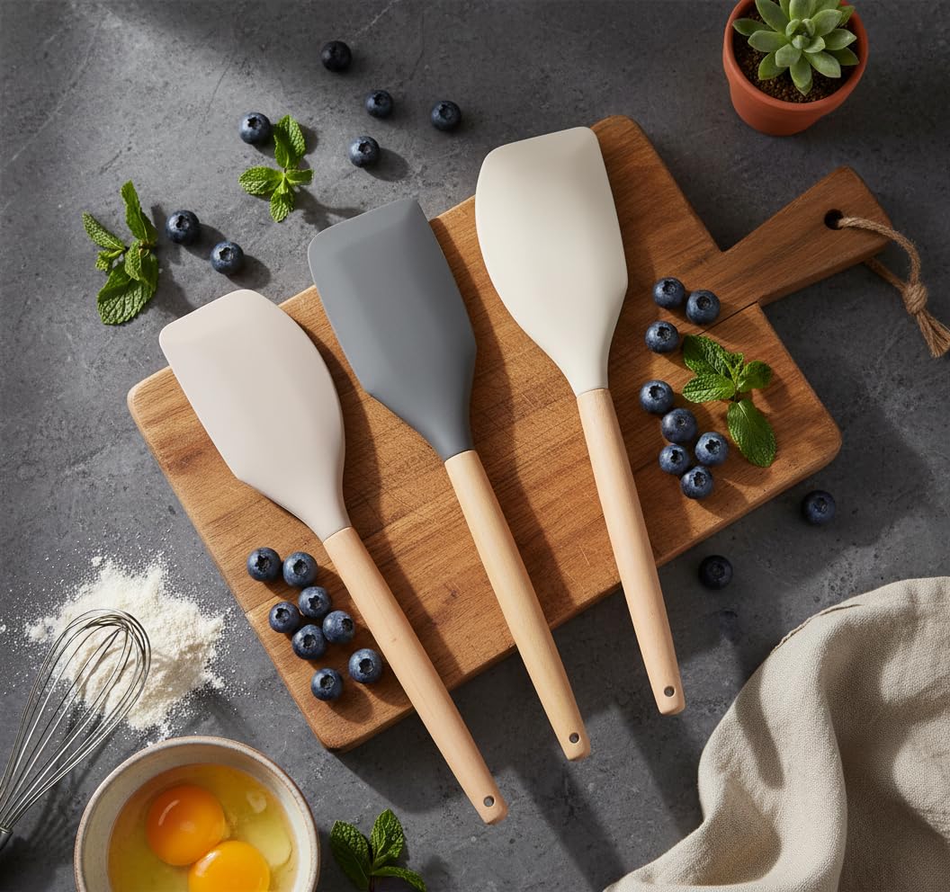 Deconox Bambu Saplı Silikon Dar Sıyırma Spatulası, Bambu Uzun Silikon Dar Spatula 27cm 3 Renk Seçenekli (TABA)