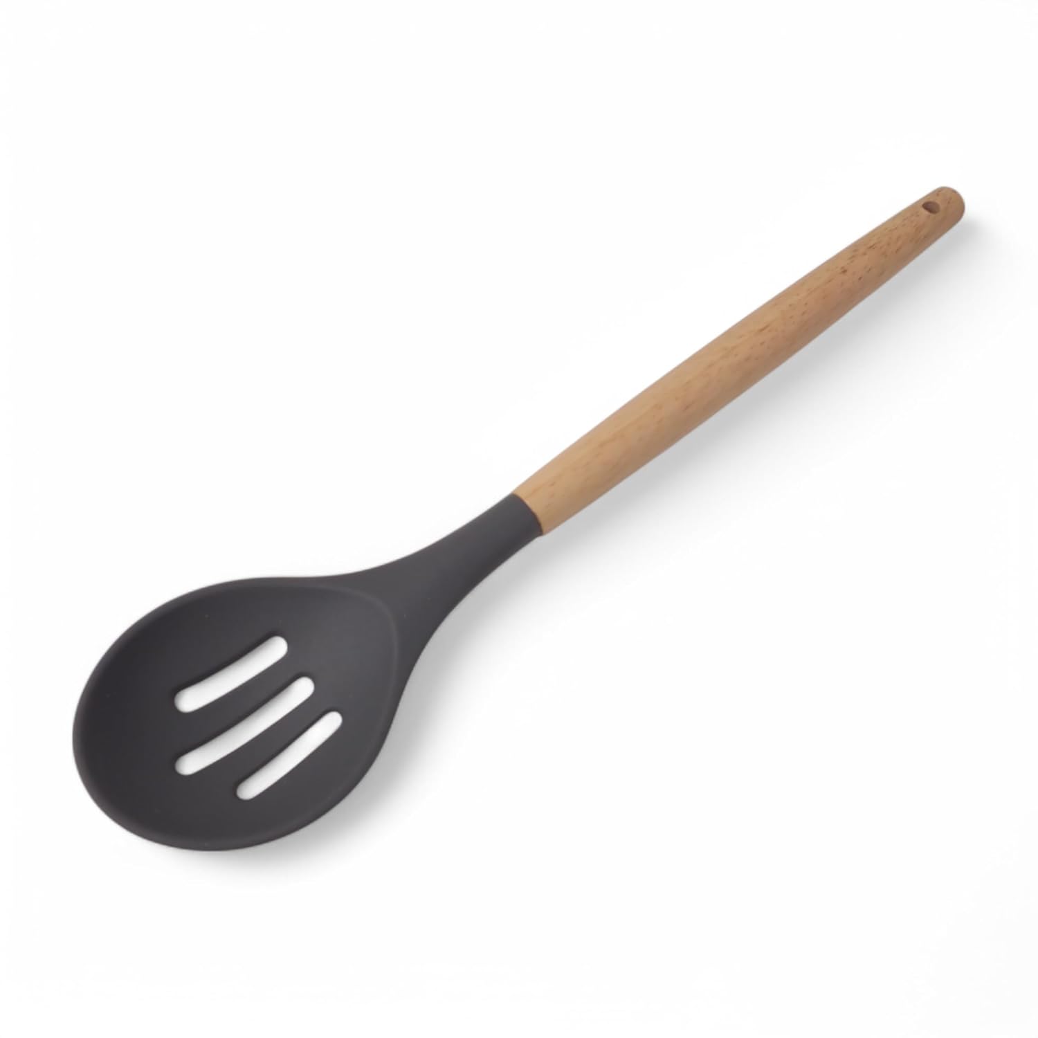 Deconox Bambu Saplı Silikon Delikli Servis Kaşığı, Bambu Uzun Silikon Delikli Servi Kaşığı 27cm 3 Renk Seçenekli (SİYAH)