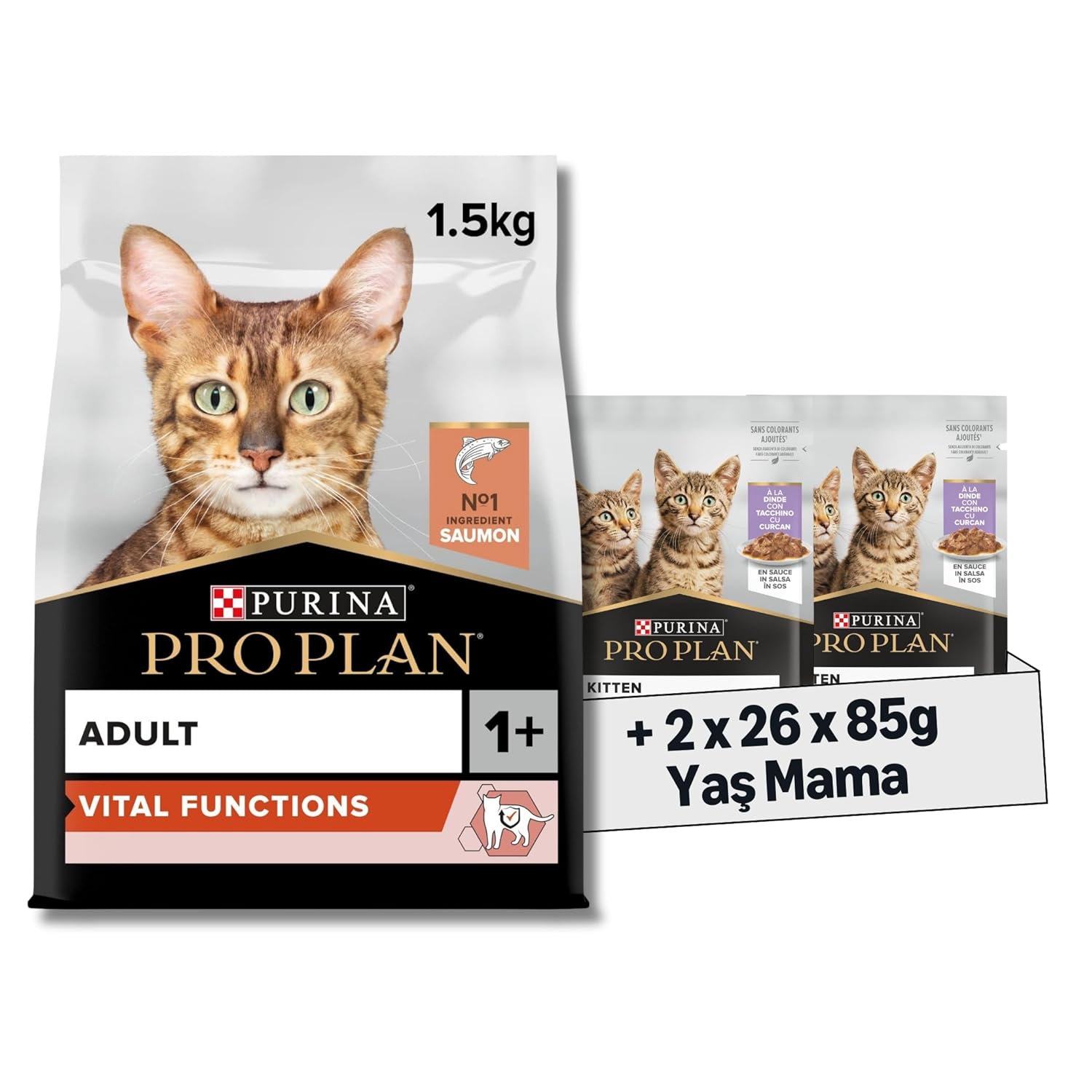 Pro Plan Somonlu Yetişkin Kedi Maması 1.5 kg + Purina Pro Plan Healthy Start Sos İçinde Hindi Etli Yavru Kedi Maması 85gr Pouch x 26 Adet x 2 Adet