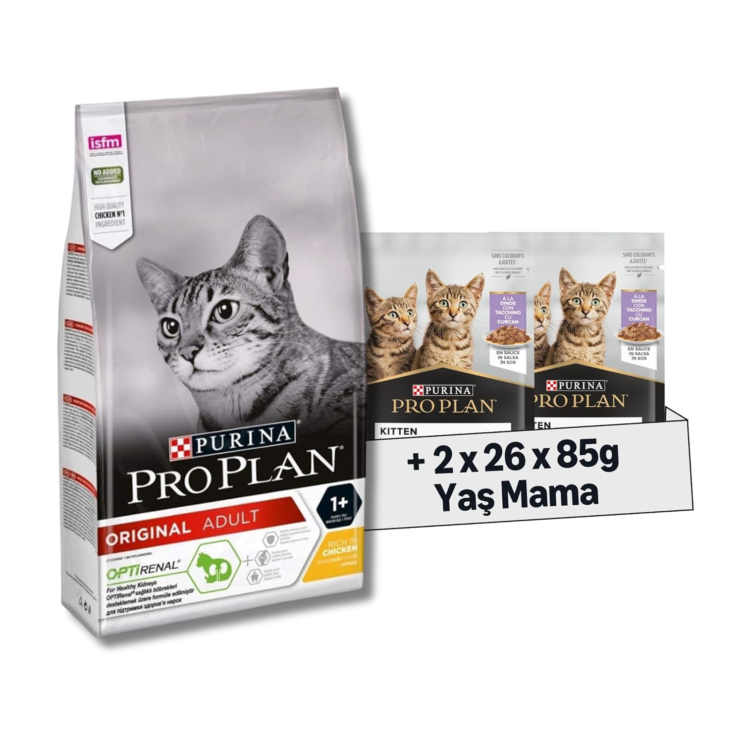 Pro Plan Original Tavuklu Kuru Kedi Maması 1.5 kg + Purina Pro Plan Healthy Start Sos İçinde Hindi Etli Yavru Kedi Maması 85gr Pouch x 26 Adet x 2 Adet