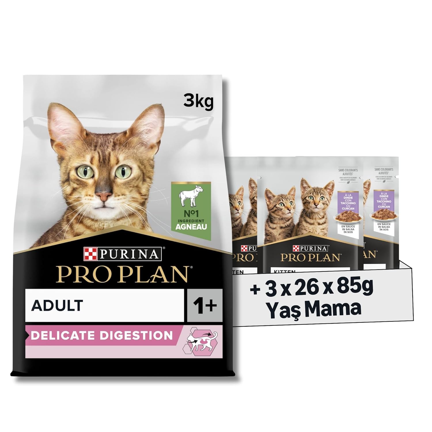 Pro Plan Delicate Kuzu Etli Kuru Kedi Maması 3 kg + Purina Pro Plan Healthy Start Sos İçinde Hindi Etli Yavru Kedi Maması 85gr Pouch x 26 Adet x 3 Adet