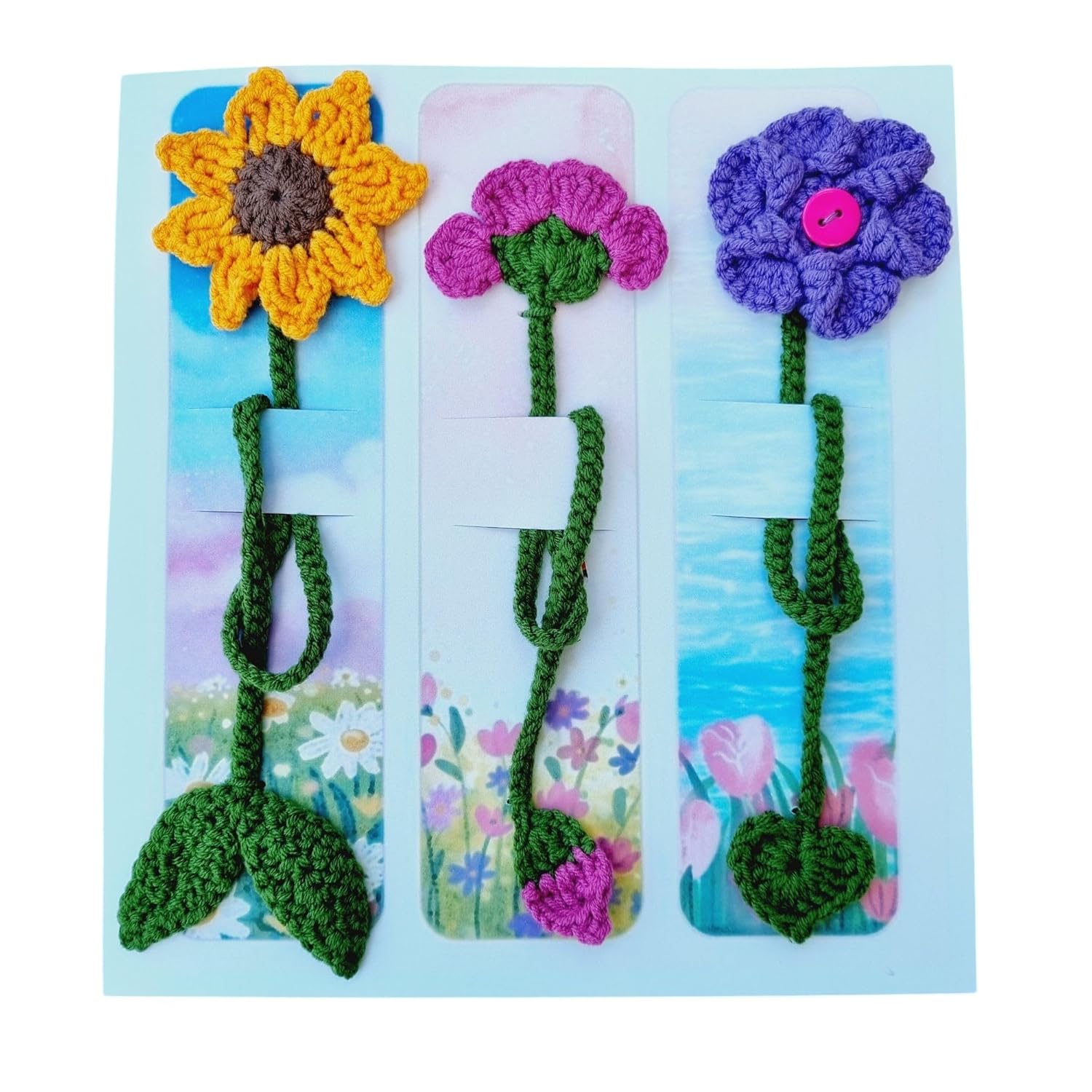 Pvera 3'lü El Örgüsü Çiçek Kitap Ayracı Seti - El Emeği Göz Nuru Ayçiçeği, Pembe ve Mor Çiçek Figürlü - Kitap Kurtlarına Özel Benzersiz Hediye Aksesuar