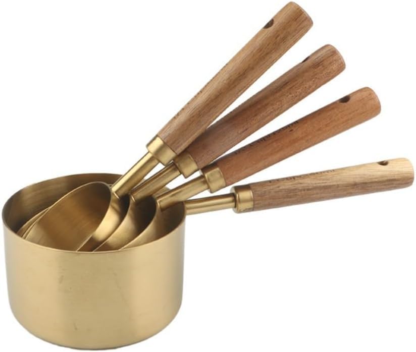 Orret Home Özel Üretim Akasya Ağacı Saplı Paslanmaz Çelik 4'lü Ölçü Kaşığı Seti – Lüks ve Şık Tasarım, Otantik Altın Renk, 1,5 ml, 5 ml, 15 ml ve 25 ml Ölçülerinde