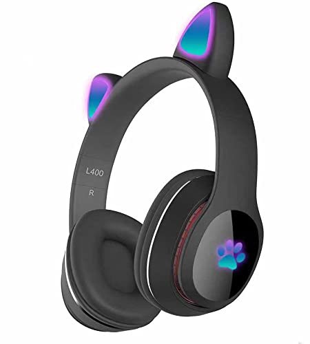 Babilden Kedi Kulak Rgb Led Işıklı Kablosuz Bluetooth Kulaklık Mikronlu Hafıza Kartı Girişli Kedi Kulaklık (Siyah)
