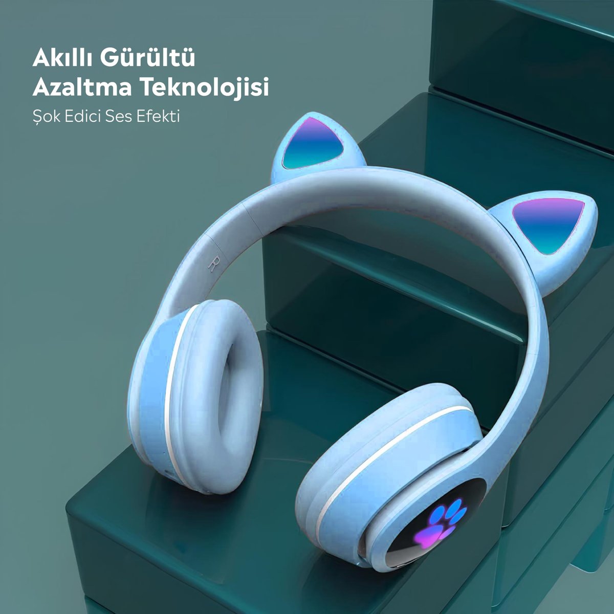 Babilden Kedi Kulak Rgb Led Işıklı Kablosuz Bluetooth Kulaklık Mikronlu Hafıza Kartı Girişli Kedi Kulaklık (Mavi)