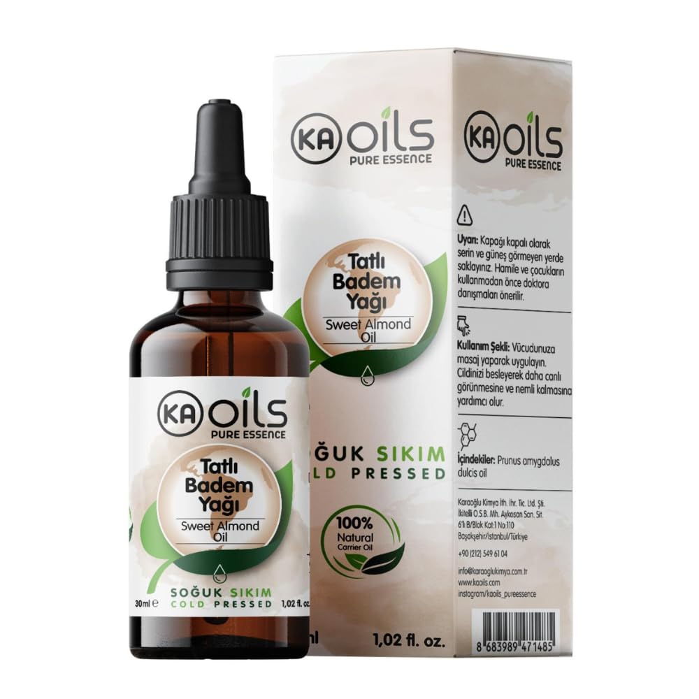 KAOils Tatlı Badem Yağı 30 ml – 100% Pure Sweet Almond Oil | Saf ve Soğuk Sıkım | Doğal Taşıyıcı Yağ | Cilt, Saç, Masaj ve Tırnak Bakımı