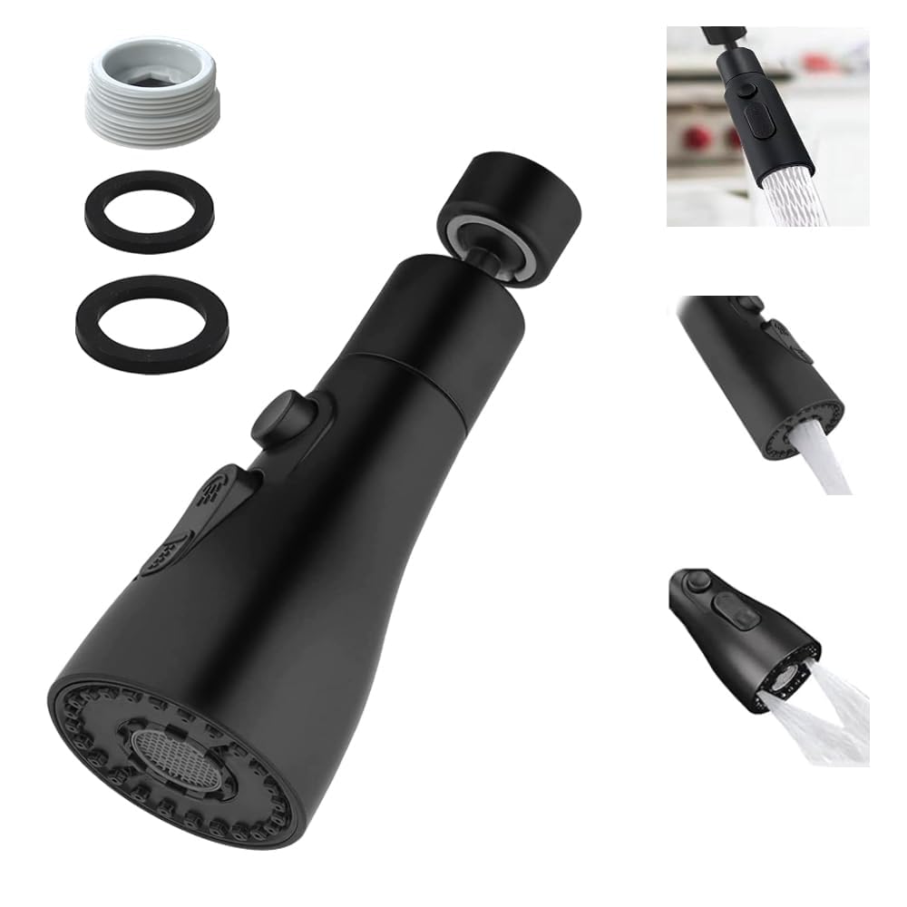 KINETEX Musluk, yedek duş başlığı, 360° döndürülebilir, 3 mod, döndürülebilir musluk, başlık, mutfak armatürü, adaptörlü, FM22 mutfak armatürü, püskürtme başlığı (siyah)