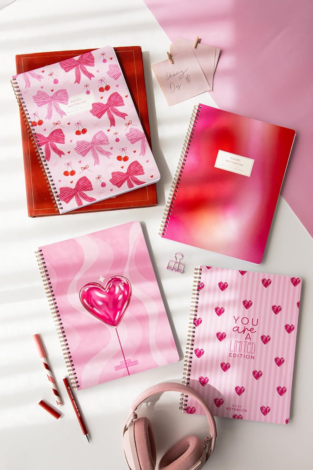 PAPERORA A4 Spiralli Karton Kapak 4’lü Set Çizgili Okul Defteri 80 yaprak, Ders Programlı Kırmızı Kalp