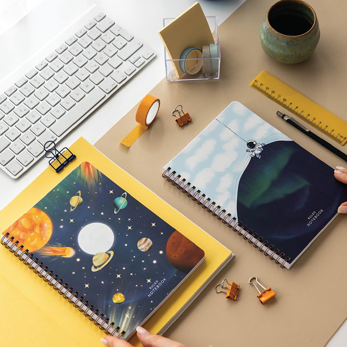 A5 Spiralli Karton Kapak 2’li Set Çizgili Okul Defteri 80 yaprak, Ders Programlı Galaksi