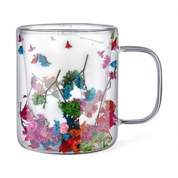 Deconox 300ml Çift Cidarlı Çiçekli Kupa – Isıya Dayanıklı Çift Katmanlı Cam Çay & Kahve Kupası | Şık ve Ergonomik Tasarım