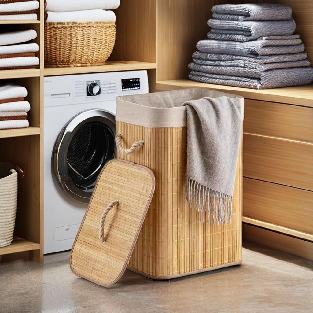 Deconox El Yapımı Hasır Katlanır Çamaşır Sepeti Dikdörtgen 72 Litre (40cm*30cm*61cm), Doğal Malzemeden Üretilmiş Çamaşırlık, Bambu Kirli Çamaşır Sepeti