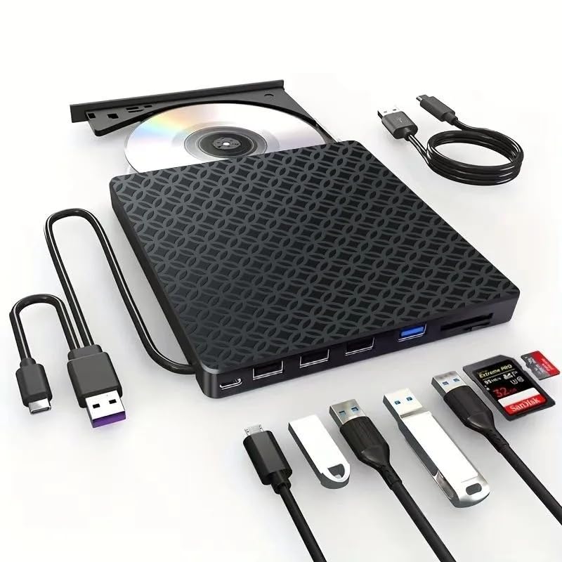 Coverzone 7in1 Harici USB 3.0 ve Type-C DVD-ROM DVD-RW Optik Sürücü, USB ve Type C Kablolu, PC, Tablet, DVD Player, Desenli Tasarım Ultra Slim CD ROM Okuyucu CV440