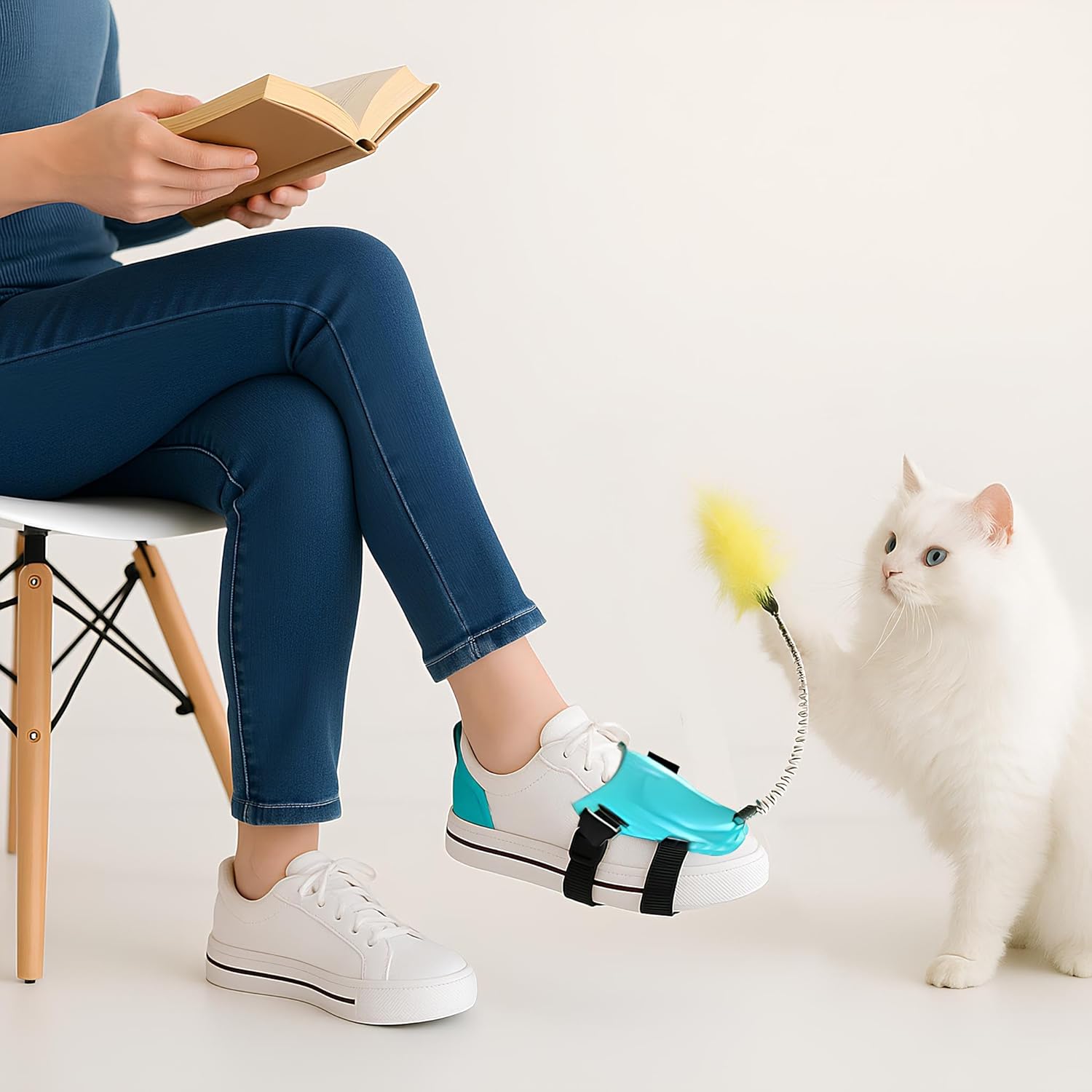 Kanji Ayağa Takılan Kedi Oyun Oltası – Tüylü Kedi Egzersiz Oyuncağı – Elleri Serbest Bırakan Ayaklı Oyun Olta Çubuğu