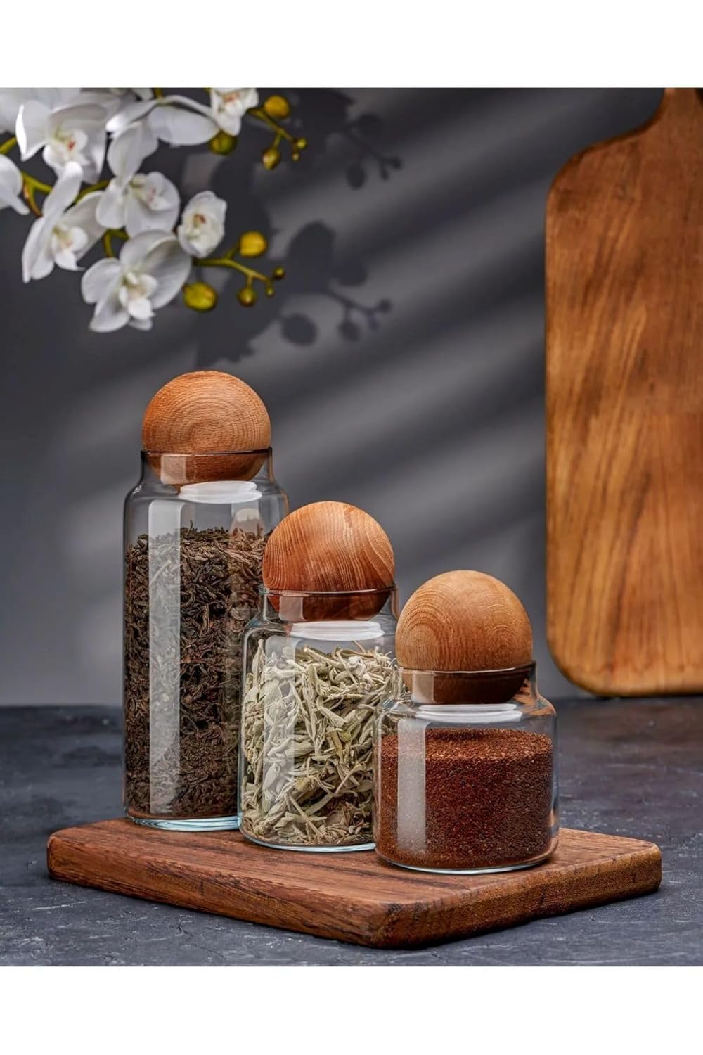Orret Home 3'lü Cam Kavanoz Seti – 500 ml, 800 ml, 1300 ml – Akasya Ağacı Ahşap Top Kapaklı, Hava Geçirmez, Şık ve Sağlıklı Saklama Kabı
