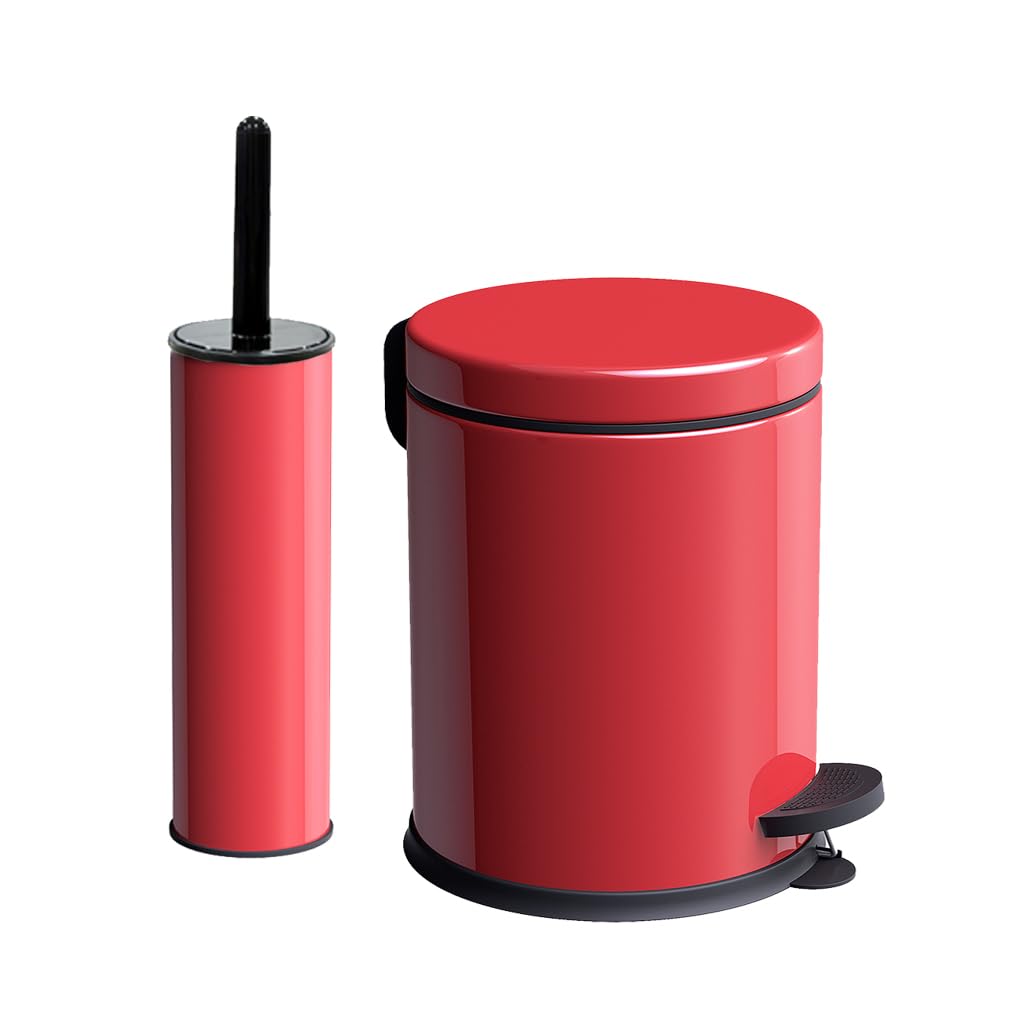 Vinoks Eko Serisi Ayak Basmalı Özellikli 2'li Banyo Seti 3 Litre Çöp Kovası ve Kolozet Fırçası Paslanmaz Kırmızı
