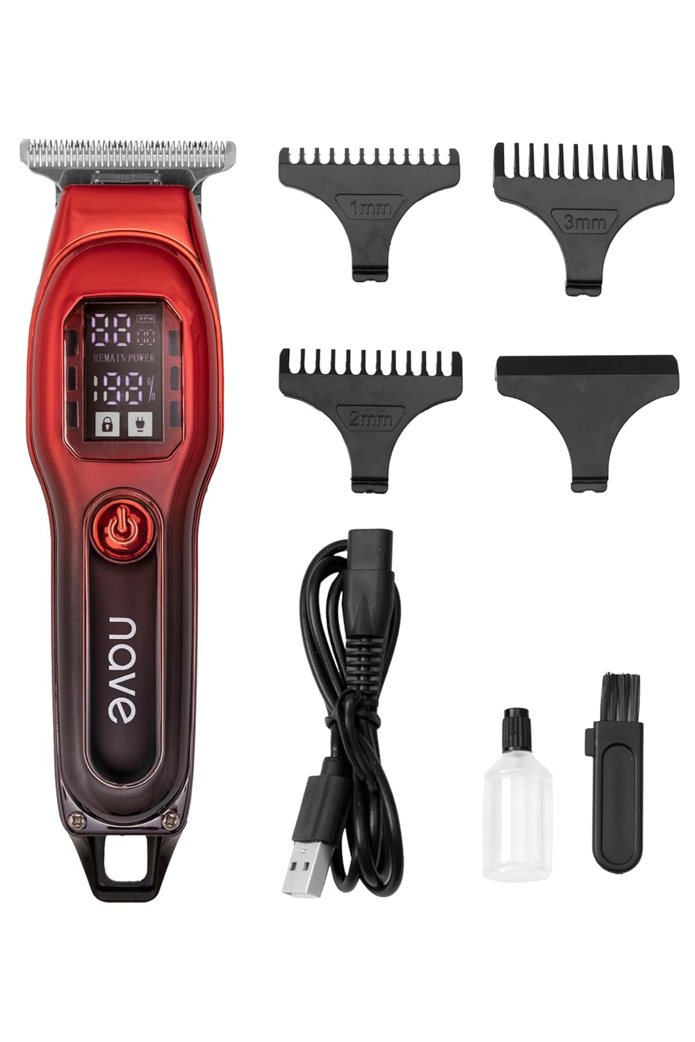 Nave Erkekler için kablosuz saç ve sakal kesme makinesi, LED göstergeli, USB-C şarj, 3 kılavuz tarak (1/2/3 mm) 90 dakika çalışma süresi