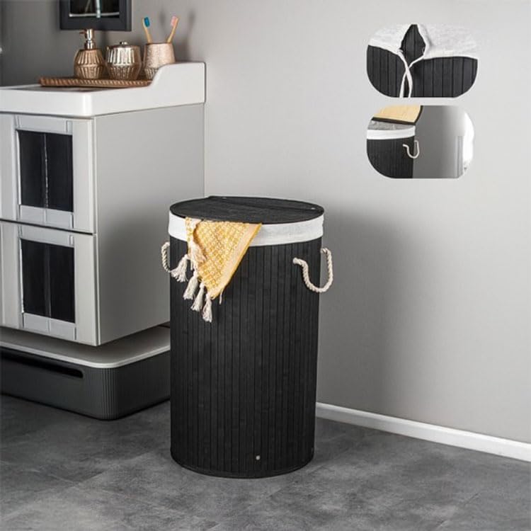 Deconox El Yapımı Hasır Katlanır Çamaşır Sepeti Yuvarlak 55 Litre (35cm*35cm*61cm), Doğal Malzemeden Üretilmiş Çamaşırlık (SİYAH)