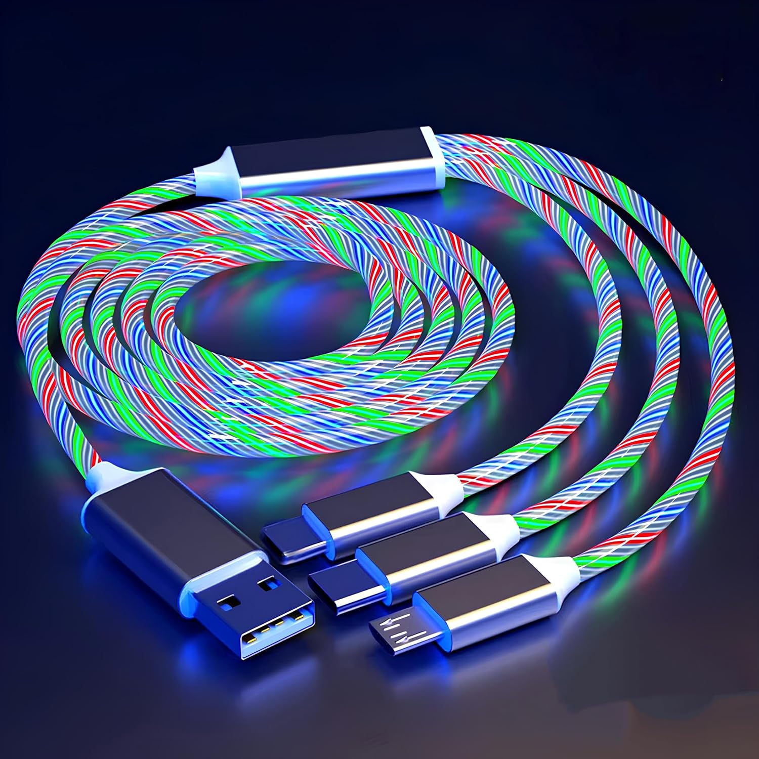 3'ü 1 Arada RGB Işıklı Şarj Kablosu — iPhone Apple Uyumlu Lightning, Type-C ve Micro USB Bağlantılı — Çoklu Cihaz Şarj Kablosu, 1.2 Metre, LED Işıklı, Estetik ve Pratik Kullanım