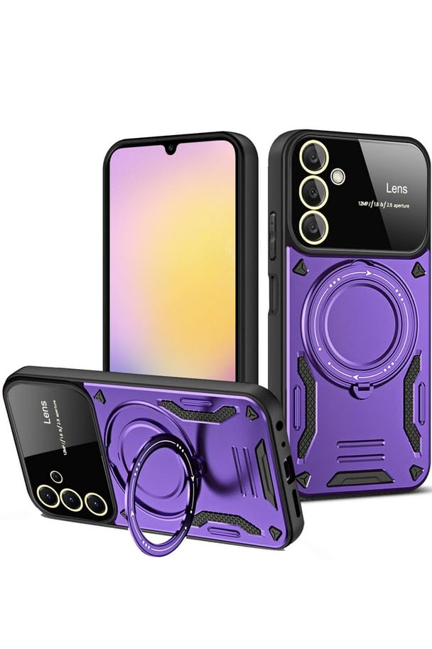 Coverzone Samsung Galaxy A16 5G ile uyumlu Kılıf Joy Joy Stand Olabilen Lens Korumalı 360° Derece Dönen Halak Yüzük Aparatlı Kapak Mor