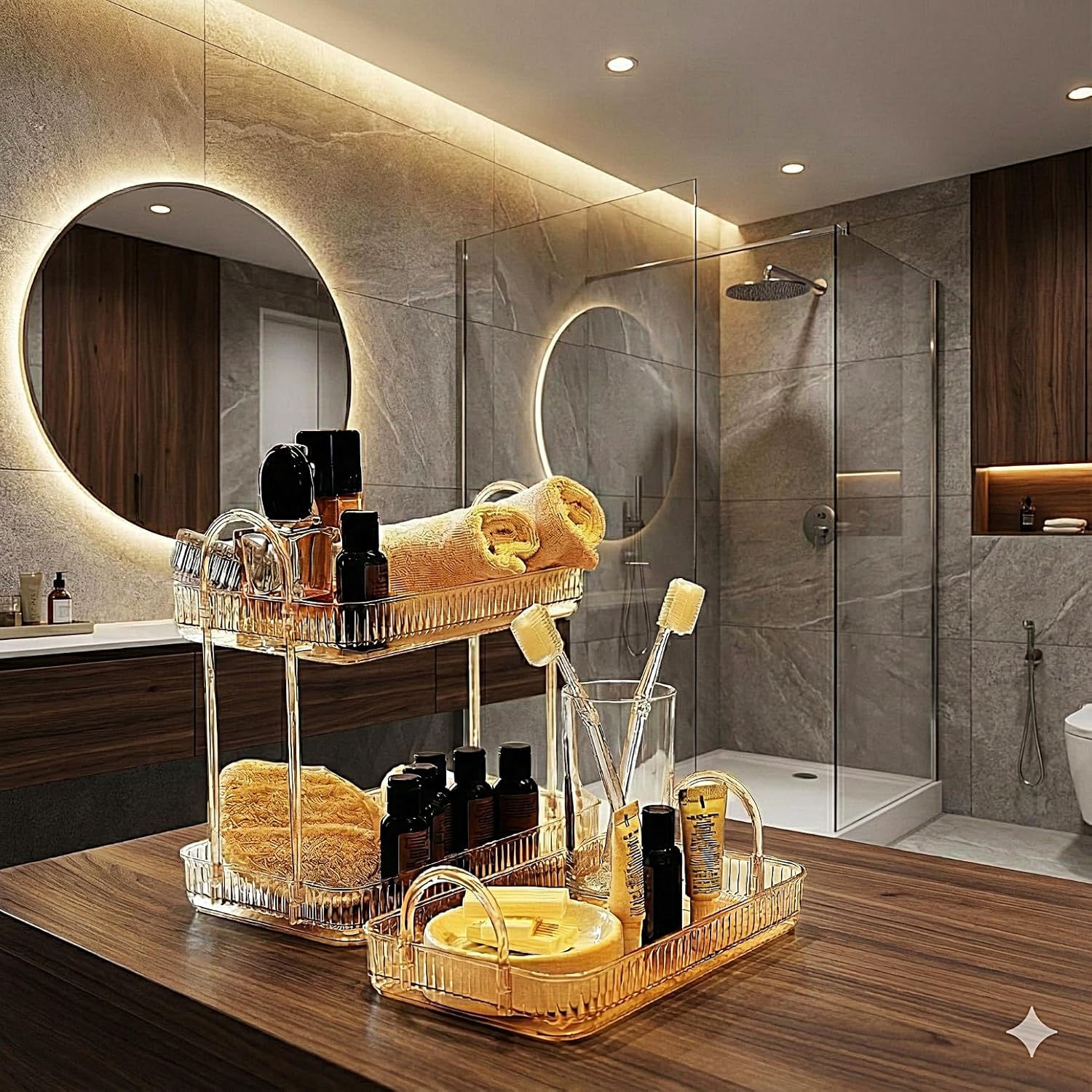 Banyo Düzenleyici Organizer Banyo Rafı (Amber Sarı, Tek + İki Katlı Set)