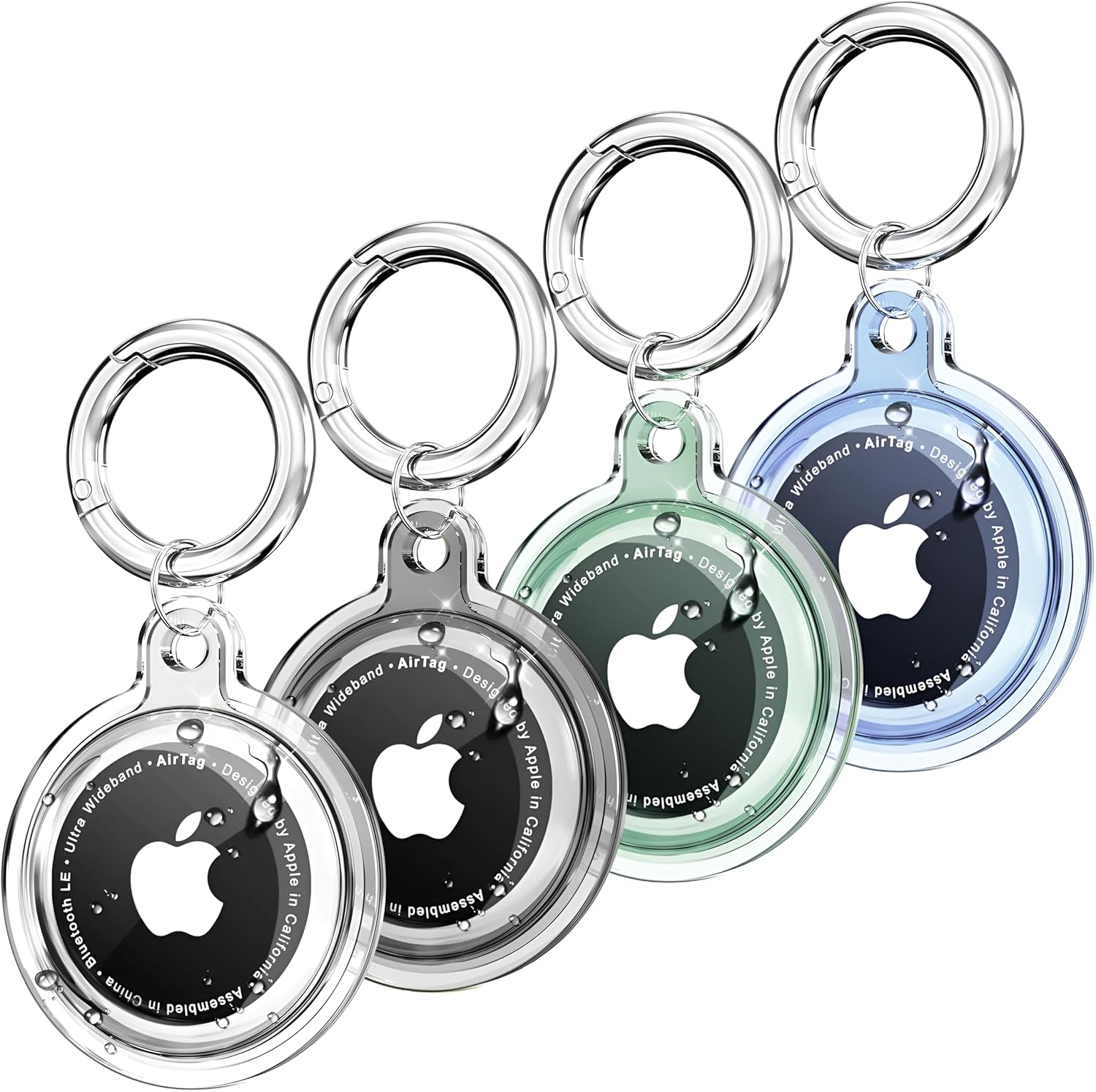 Airtag için Su Geçirmez Ultra Şeffaf Görünümlü Silikon Kılıf ve Anahtarlık (4'lü Paket)