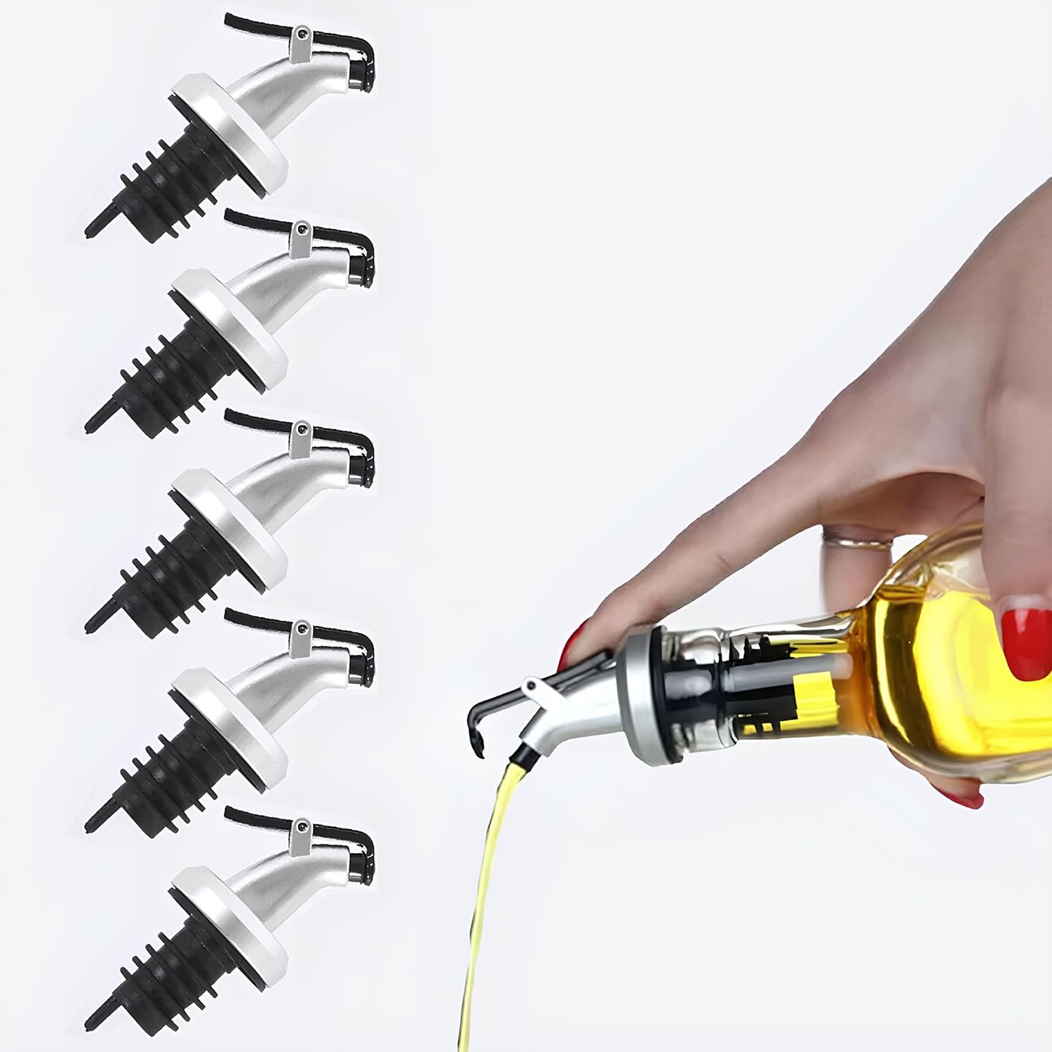 Kanji 5'li Sızdırmaz Yağdanlık ve Şişe Tıpası Seti – Damlama Yapmaz Paslanmaz Uçlu Yağ Sirke Şarap Dökücü Aparat