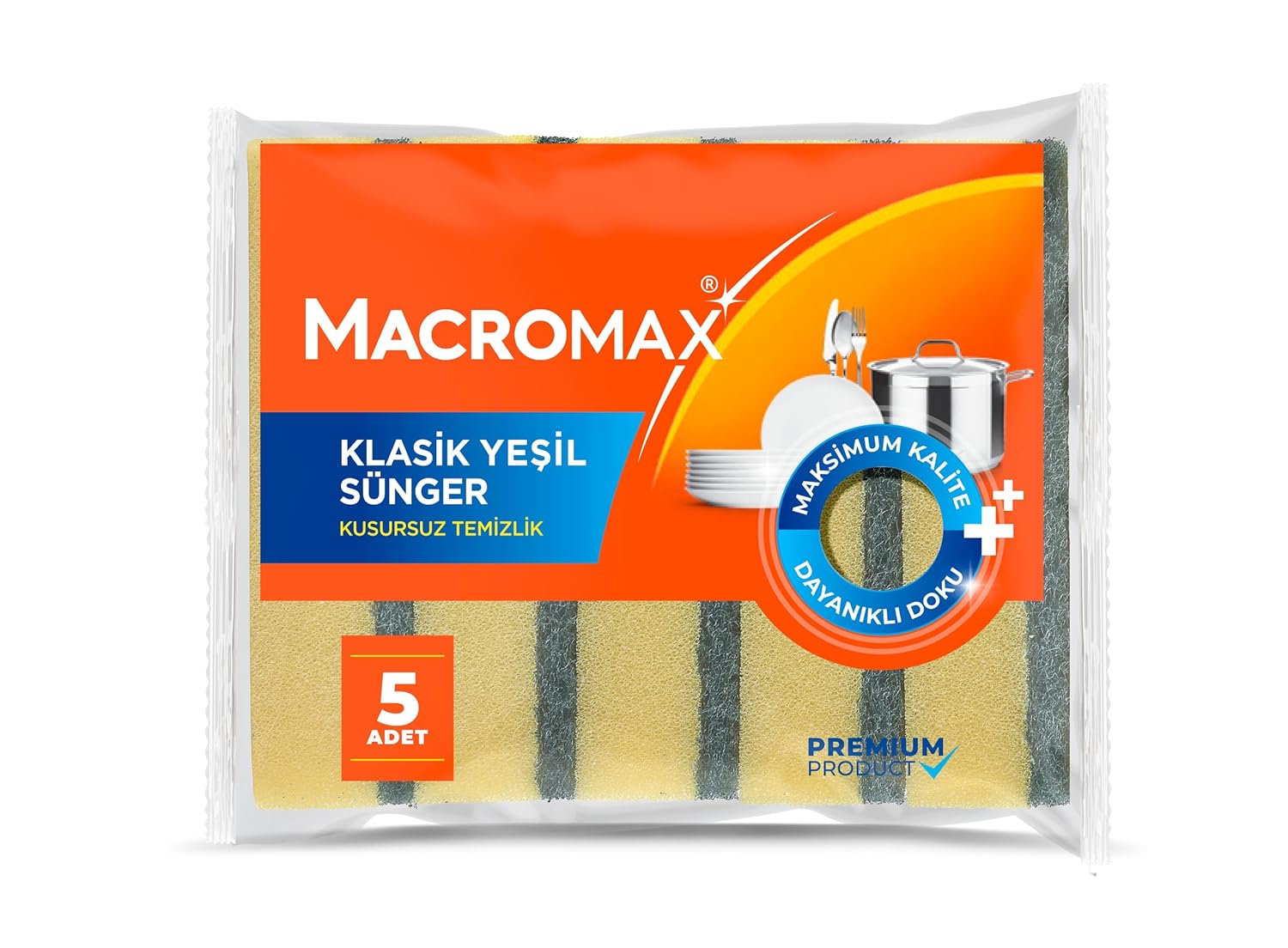 Macromax Klasik Yeşil Bulaşık Süngeri 5'li Paket, Dayanıklı ve Etkili Kir Sökücü