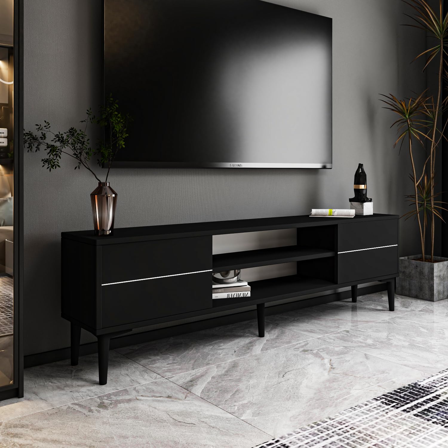 Aragon Modern TV Sehpası – 140 cm, 2 Kapaklı + 2 Açık Raflı, Siyah & Beyaz Renk Seçenekli Tv Ünitesi, Siyah