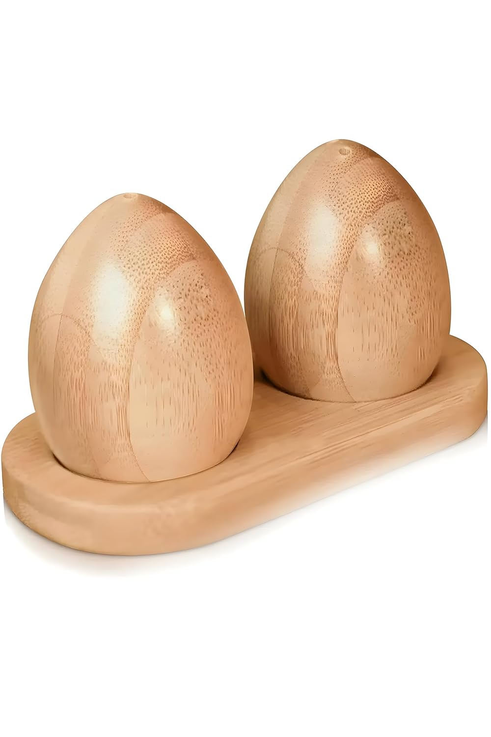 Bambu Tuzluk Biberlik Seti, 2'li Yumurta Şeklinde, Ahşap Standlı, Modern Mutfak Aksesuarı