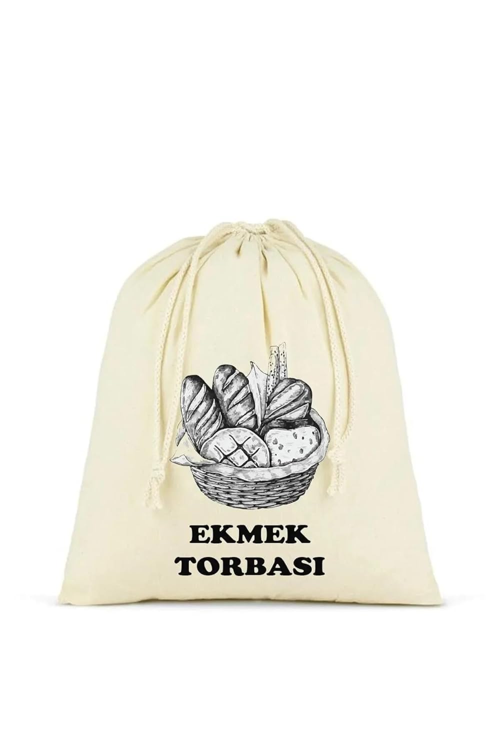 Ekmek Torbası, Pamuk Bez Torba, 40x40 cm, Baskılı Ekmek Desenli, Krem Rengi