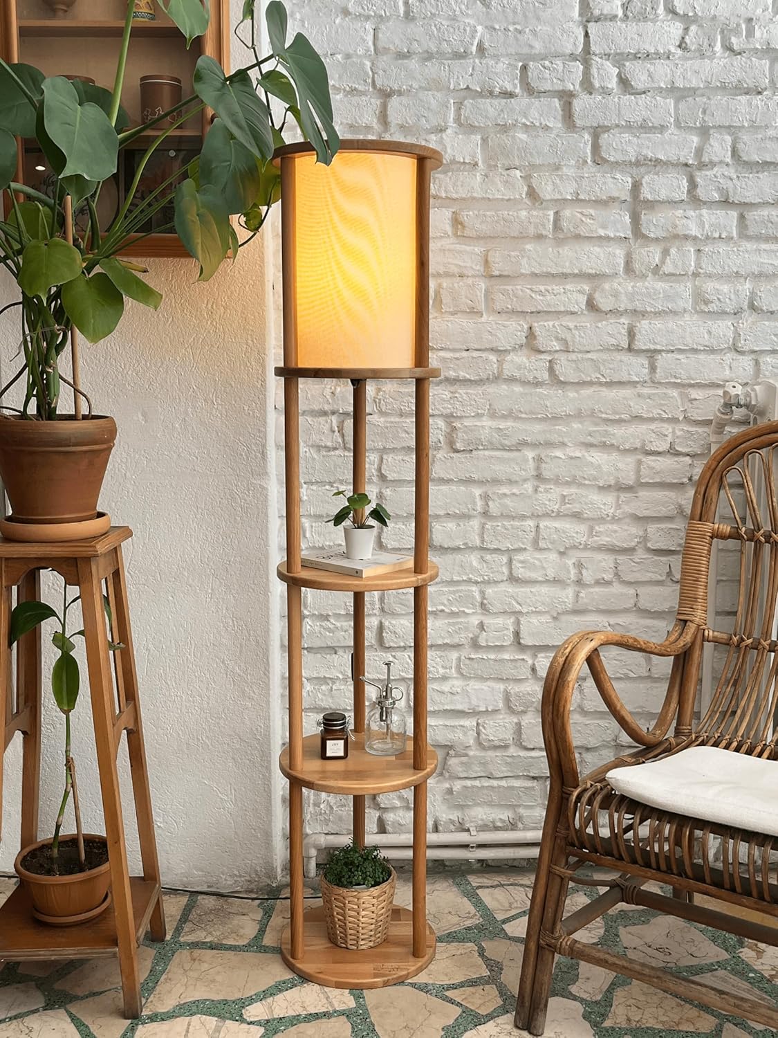 Lona Raflı Lambader, 3 Katlı Ahşap Zemin Aydınlatması, Keten Abajurlu Masif Modern Dekoratif Lamba