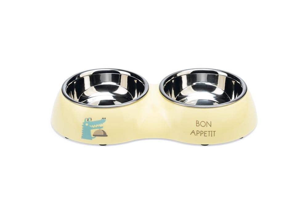 Beeztees Köpek İkili Mama ve Su Kabı, Paslanmaz Çelik, Sarı, 27x14cm, 2x160ml
