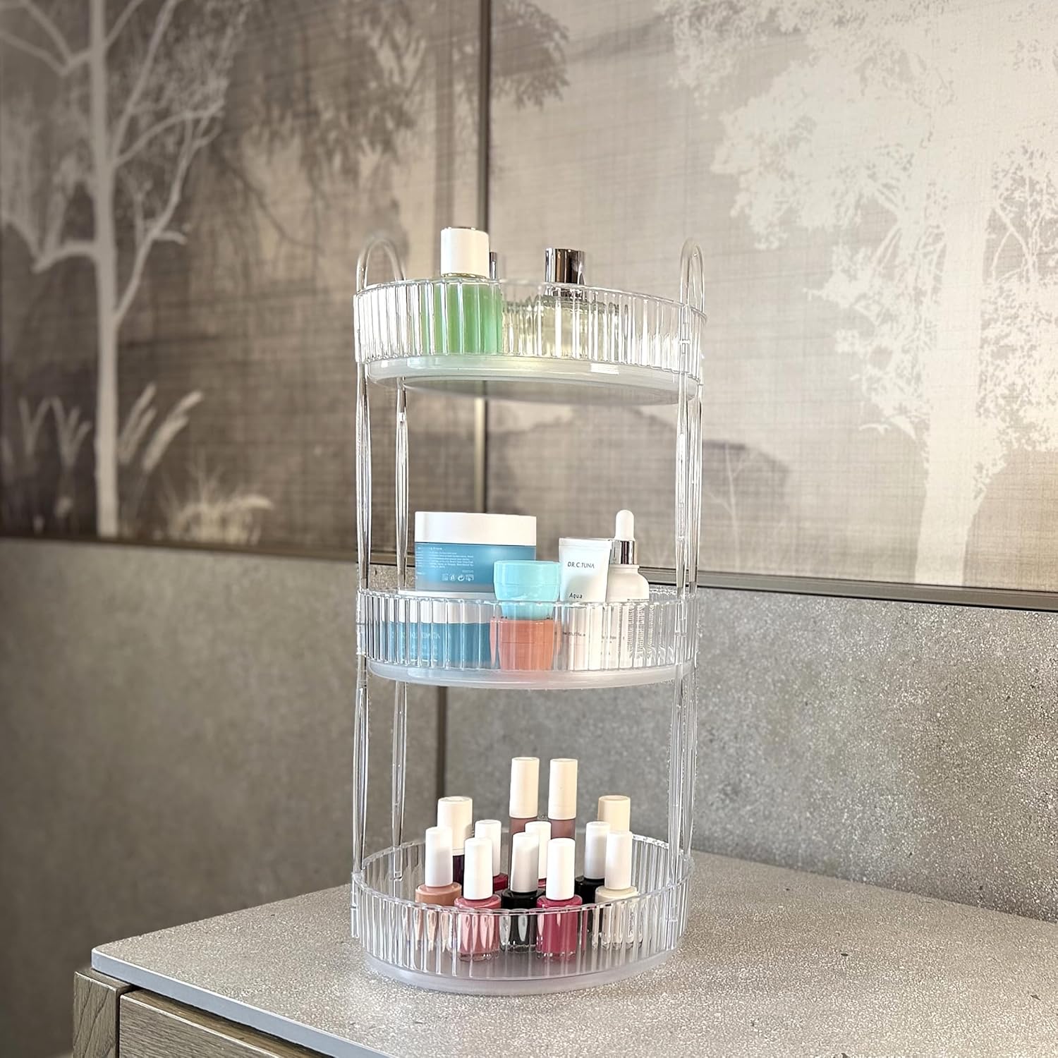 3 Katlı Makyaj Organizeri Kozmetik Aksesuar Düzenleyici Kozmetik Vitrini Yuvarlak (Şeffaf)