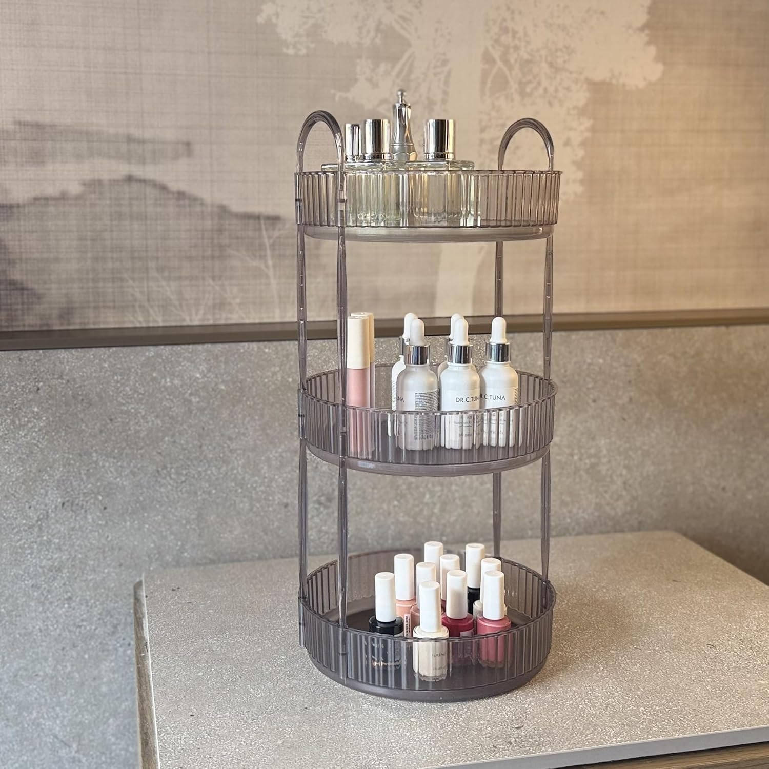 3 Katlı Makyaj Organizeri Kozmetik Aksesuar Düzenleyici Kozmetik Vitrini Yuvarlak (Duman Gri)