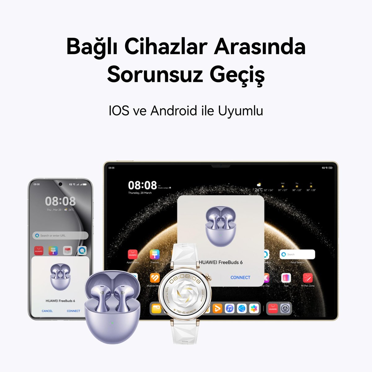 HUAWEI FreeBuds 6 Kablosuz Kulaklık – Konforlu ve Kulak Yapısına Uygun Tasarım, Çift Sürücülü Gerçek Ses Deneyimi, Açık Tasarımlı Aktif Gürültü Engelleme, 36 Saat Pil Ömrü, IP54 Suya Dayanıklılık, Mor
