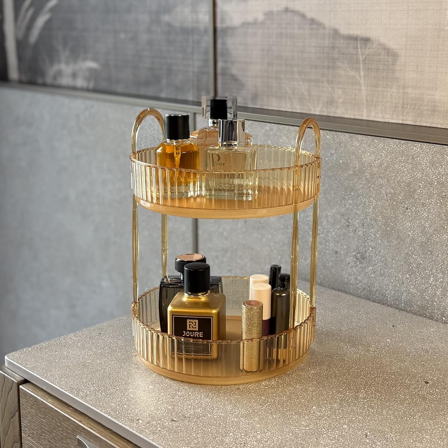 2 Katlı Makyaj Organizeri Kozmetik Aksesuar Düzenleyici Kozmetik Vitrini Yuvarlak (Amber Sarı)