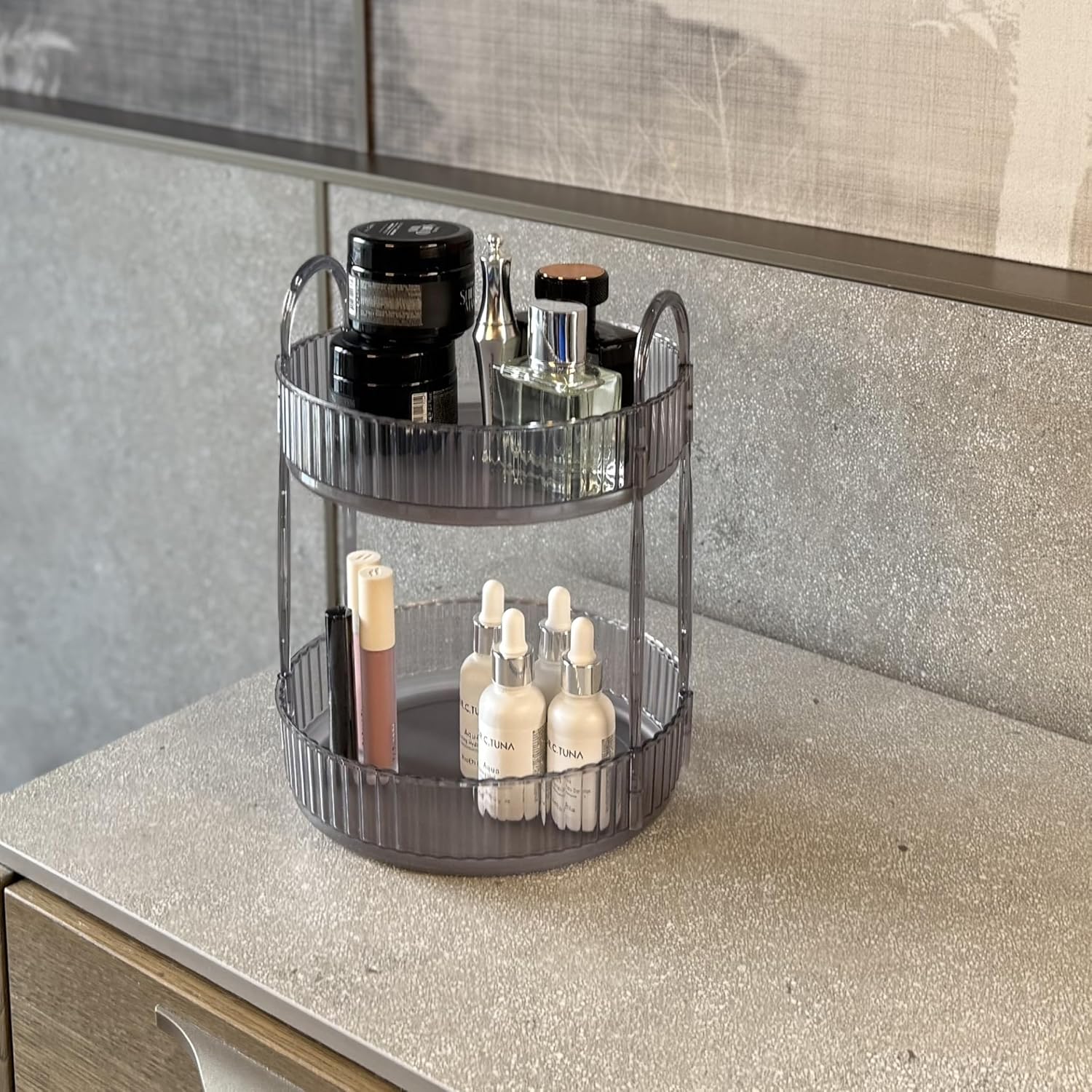 2 Katlı Makyaj Organizeri Kozmetik Aksesuar Düzenleyici Kozmetik Vitrini Yuvarlak (Duman Gri)