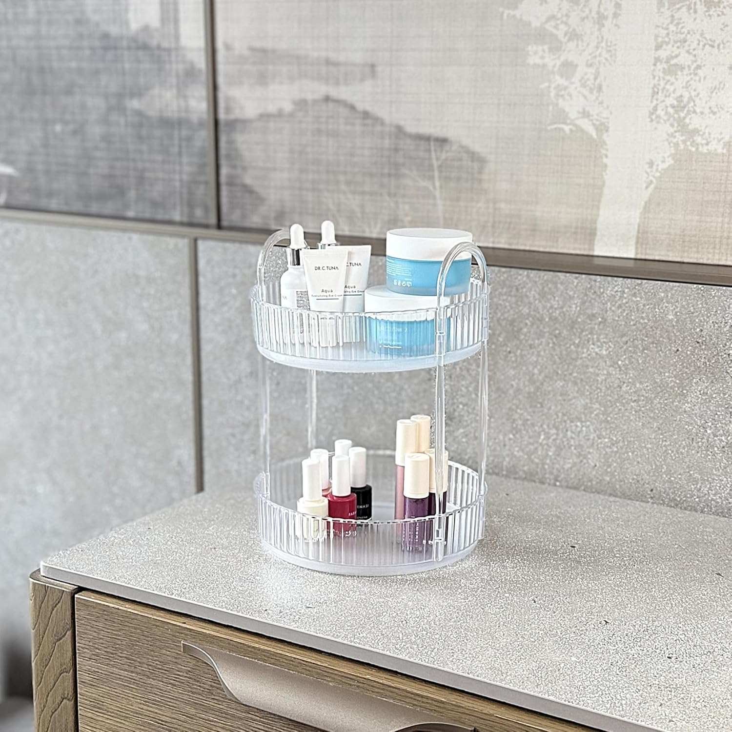 2 Katlı Makyaj Organizeri Kozmetik Aksesuar Düzenleyici Kozmetik Vitrini Yuvarlak (Şeffaf)