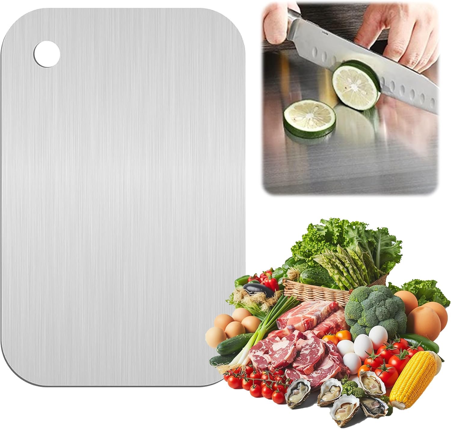 Kyrotech Paslanmaz Çelik Kesme Tahtası Mutfak Piknik İçin İnox 304 Kalite Antibakteriyel Küf Tutmaz Sunumluk KolayTemizlenir TepsiEt Sebze Meyve Doğrama Tahtası Lüks Kesme Matı 24 * 15CM